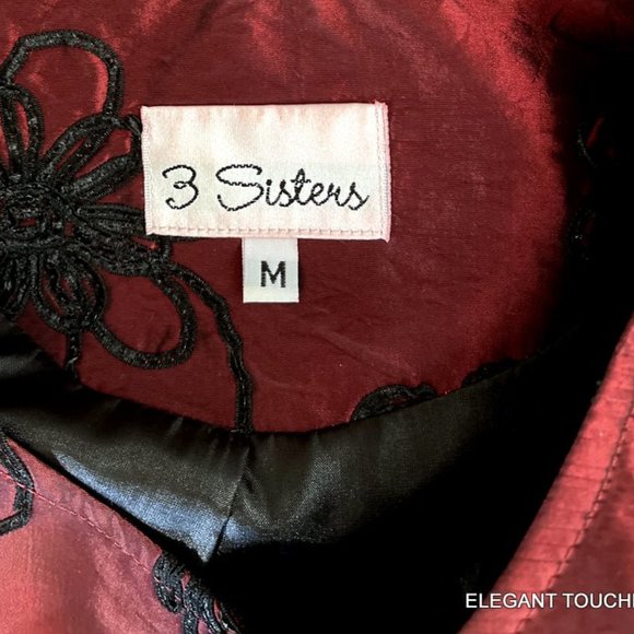 3 Sisters Jacket Womens Open Front Medium Red Black Embroidered Taffeta Coat - Picture 5 of 8